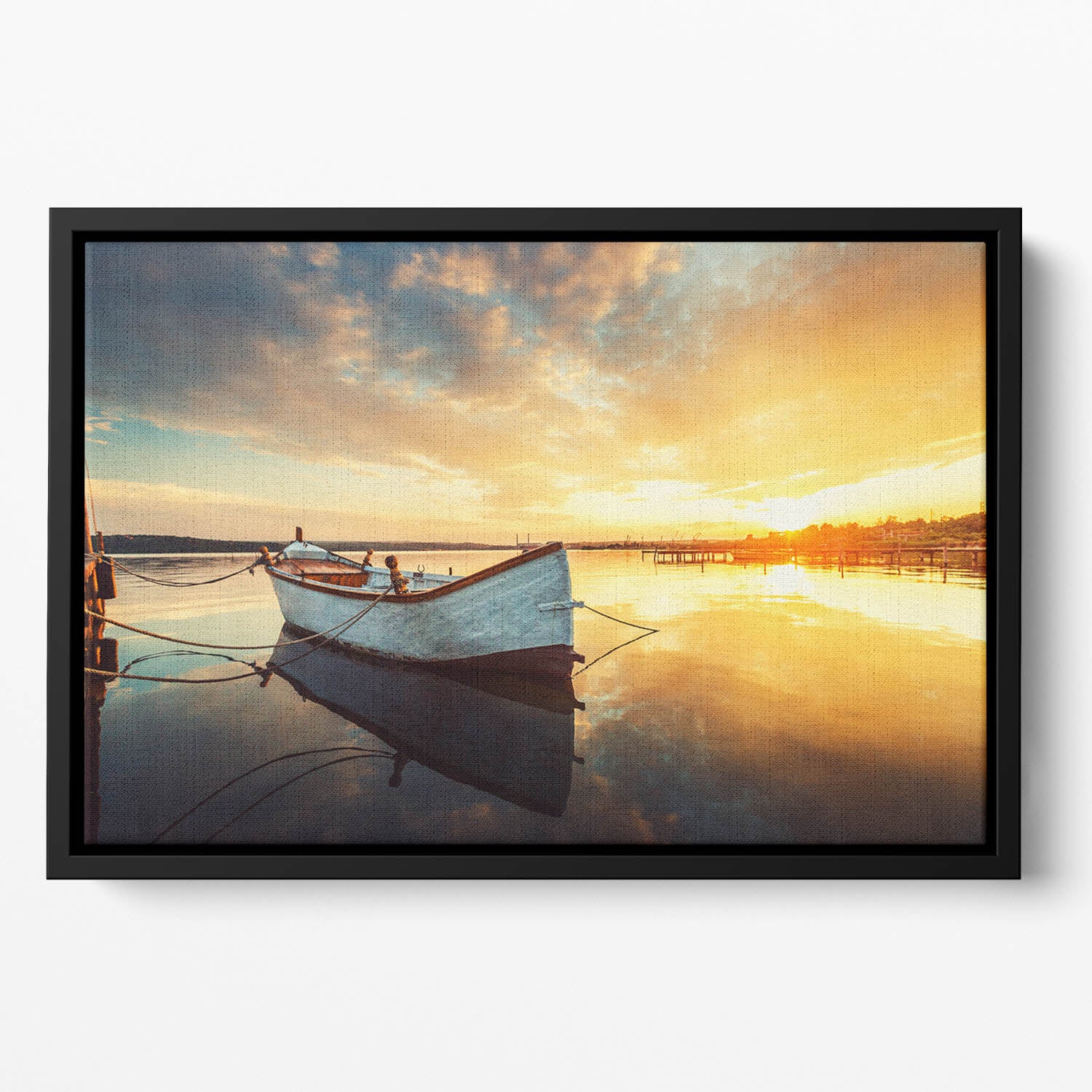 Boat on lake with a reflection Floating Framed Canvas