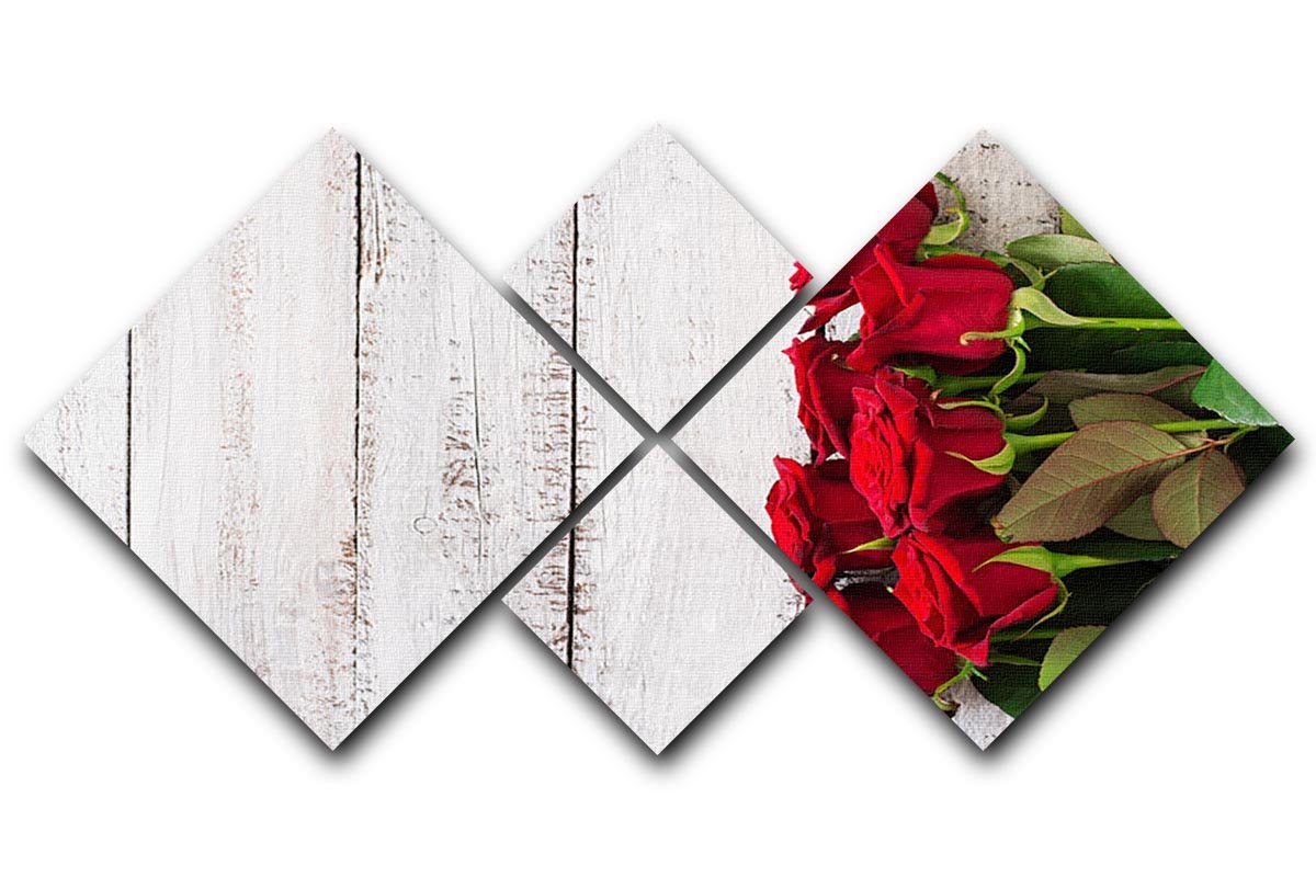 Bouquet of red roses on a light wooden background 4 Square Multi Panel Canvas  - Canvas Art Rocks - 1