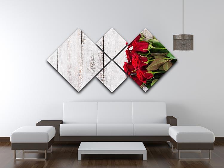 Bouquet of red roses on a light wooden background 4 Square Multi Panel Canvas  - Canvas Art Rocks - 3