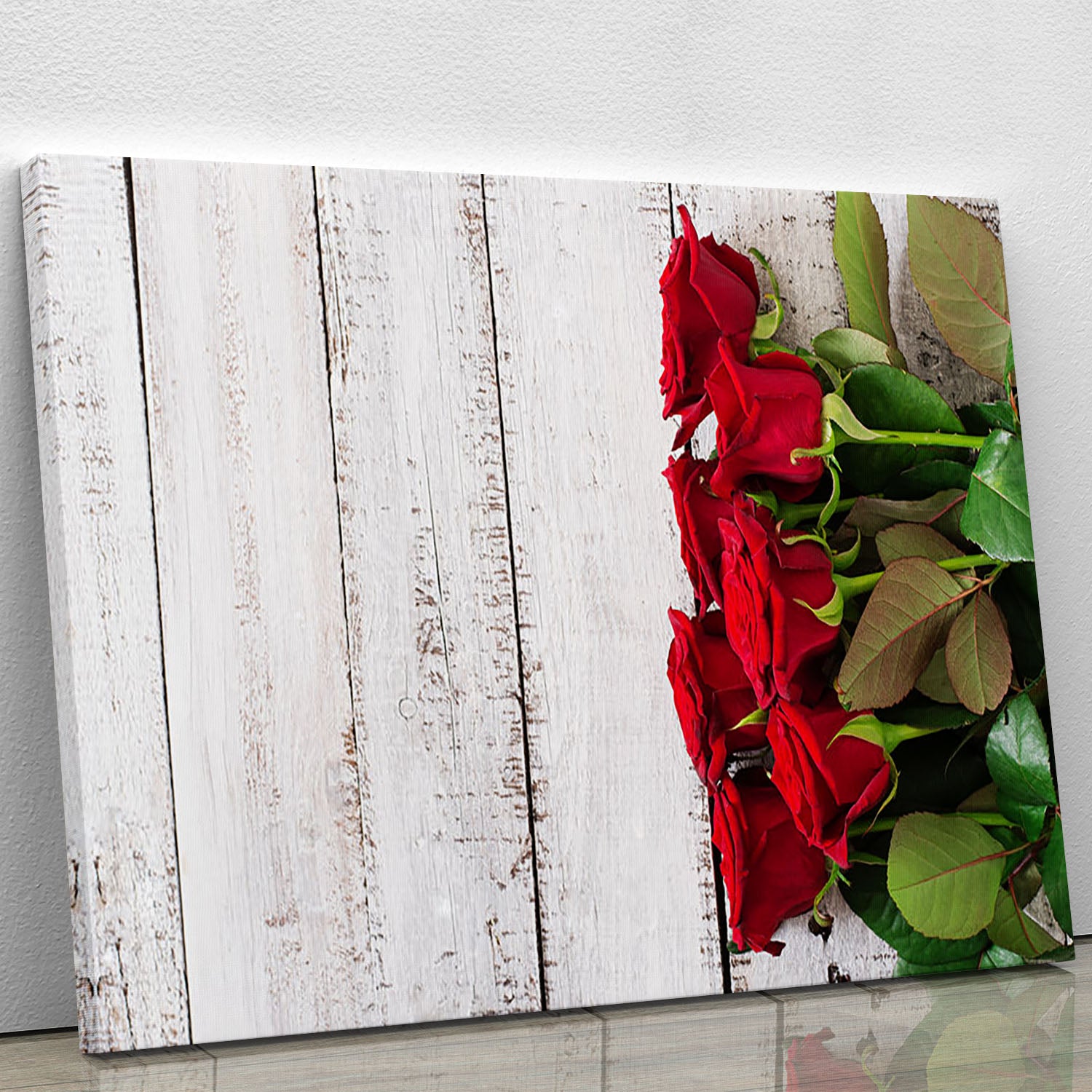 Bouquet of red roses on a light wooden background Canvas Print or Poster - Canvas Art Rocks - 1