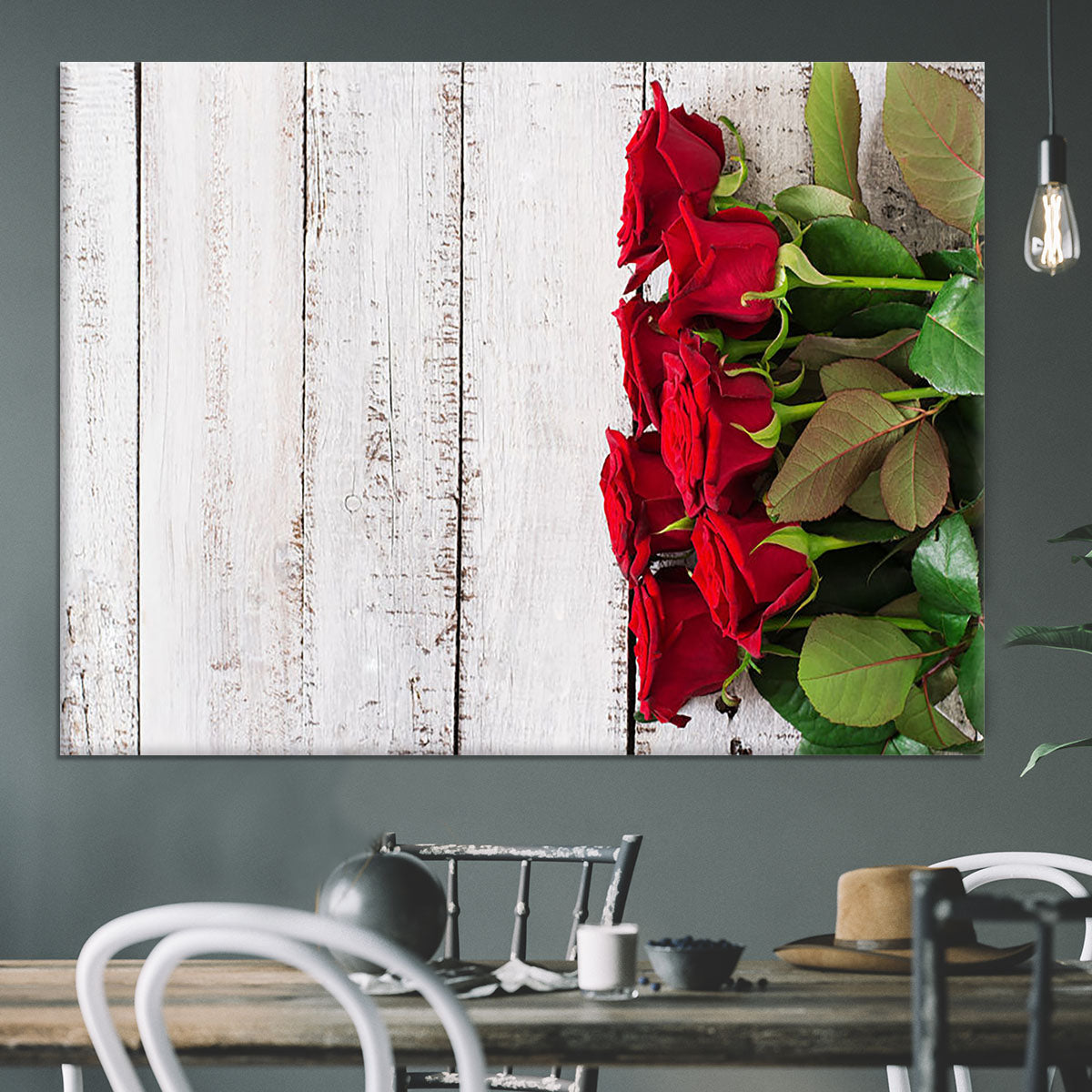 Bouquet of red roses on a light wooden background Canvas Print or Poster - Canvas Art Rocks - 3