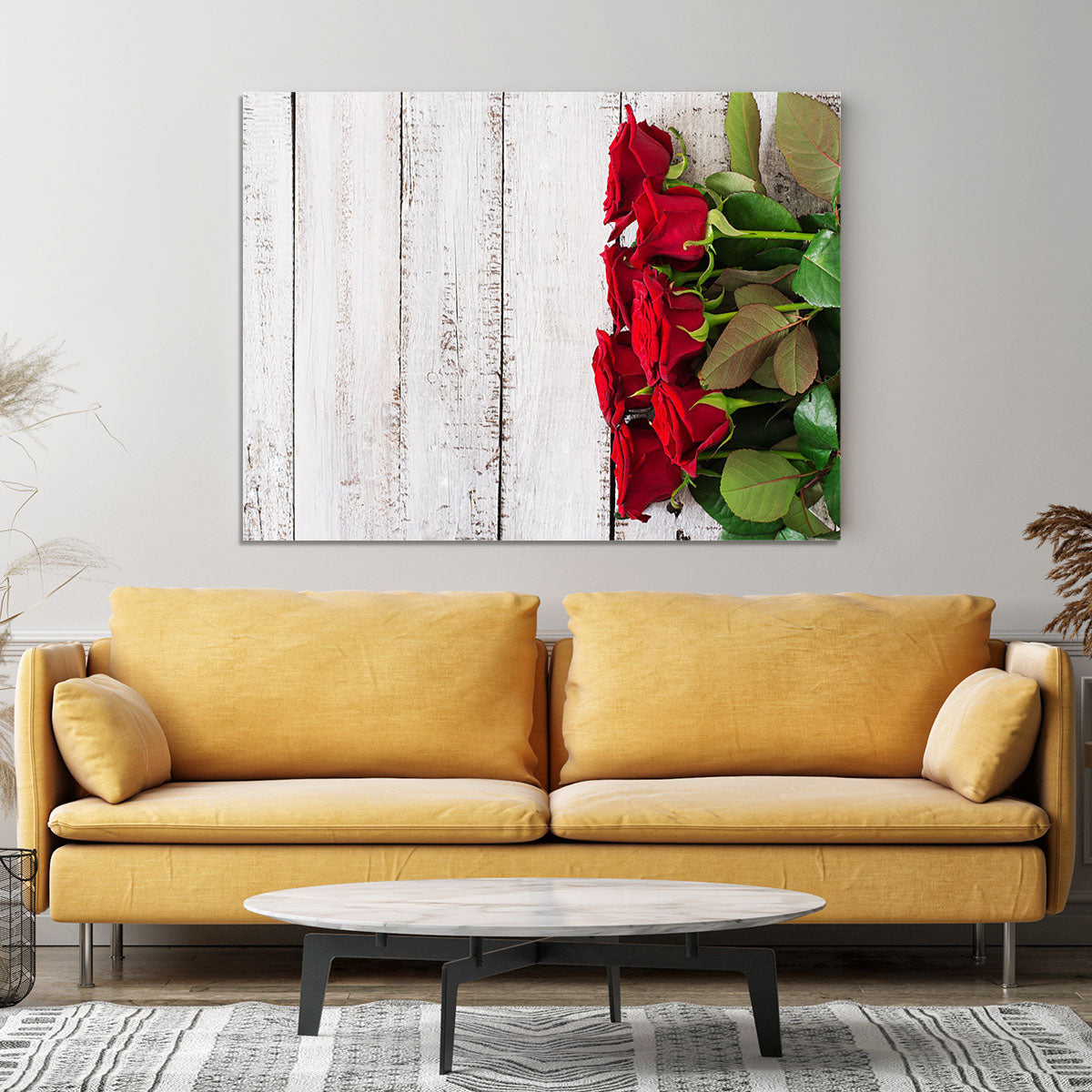 Bouquet of red roses on a light wooden background Canvas Print or Poster - Canvas Art Rocks - 4