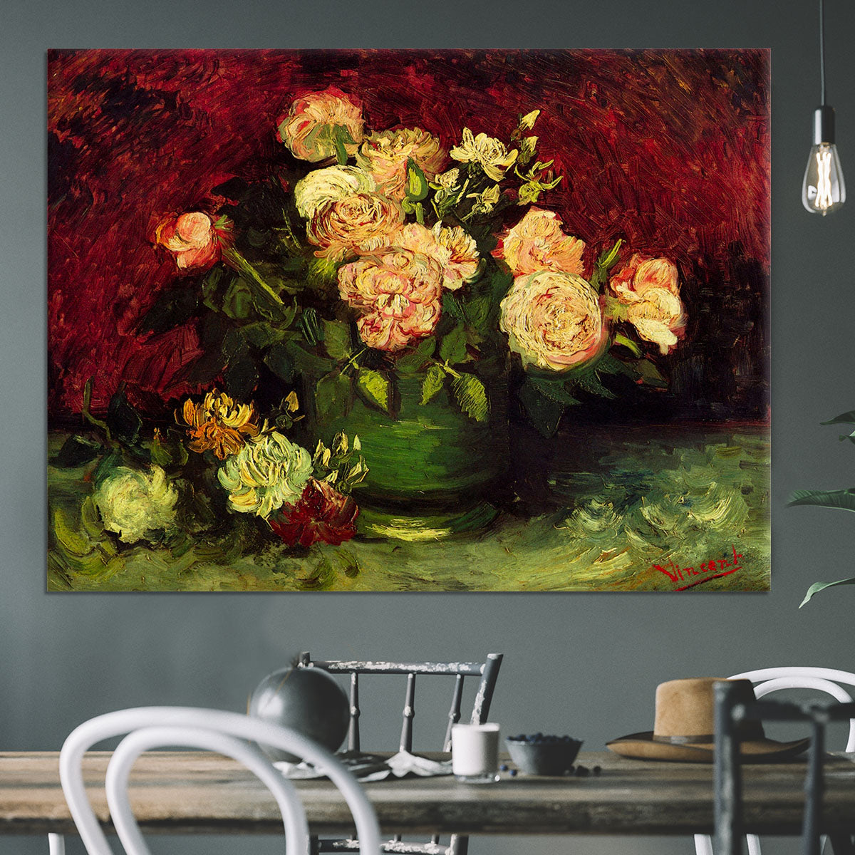 Bowl with Peonies and Roses by Van Gogh Canvas Print or Poster - Canvas Art Rocks - 3