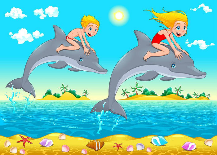 Boy girl and dolphin in the sea Wall Mural Wallpaper