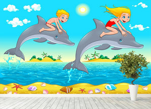 Boy girl and dolphin in the sea Wall Mural Wallpaper - Canvas Art Rocks - 4