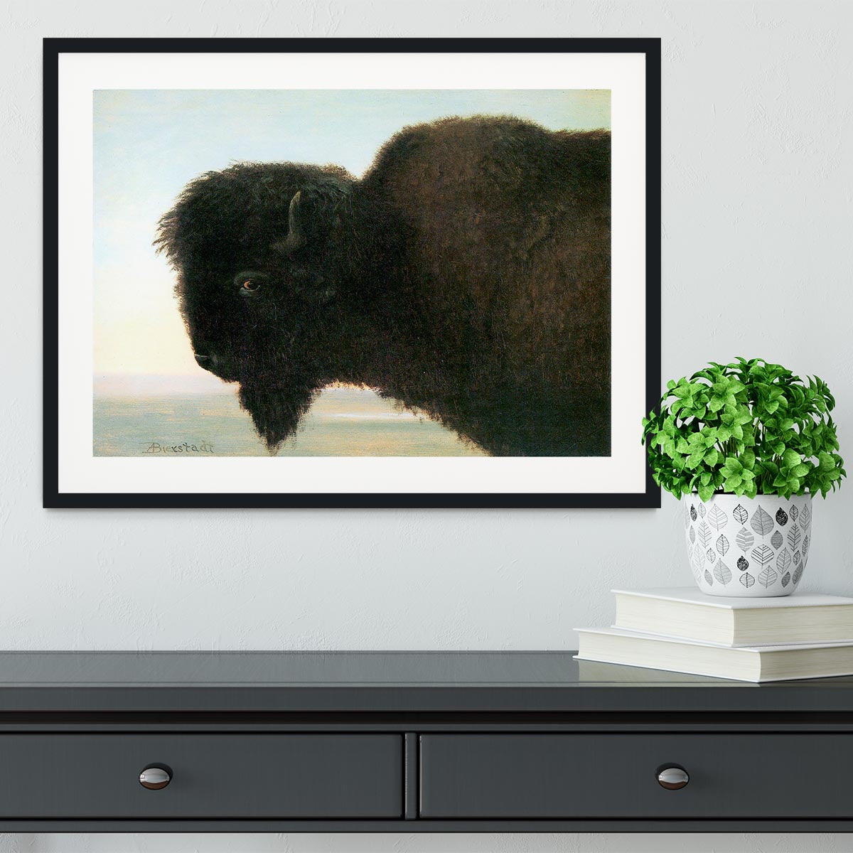 Buffalo Head by Bierstadt Framed Print - Canvas Art Rocks - 1