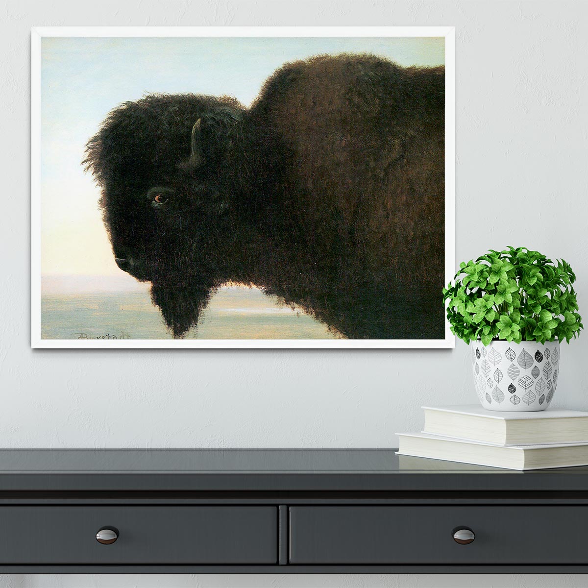 Buffalo Head by Bierstadt Framed Print - Canvas Art Rocks -6