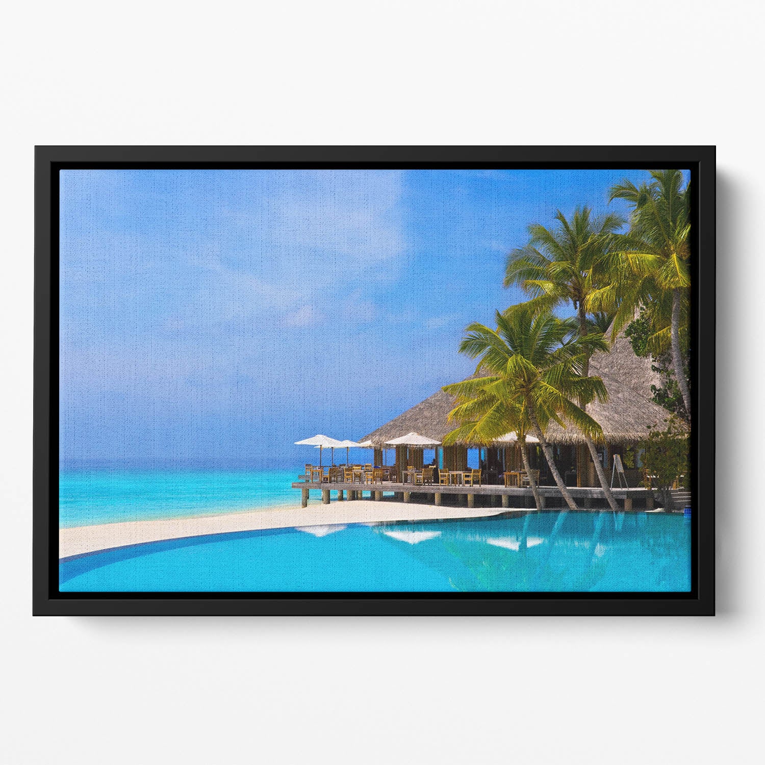 Cafe and pool on a tropical beach Floating Framed Canvas