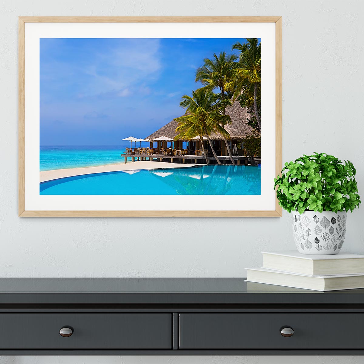 Cafe and pool on a tropical beach Framed Print - Canvas Art Rocks - 3