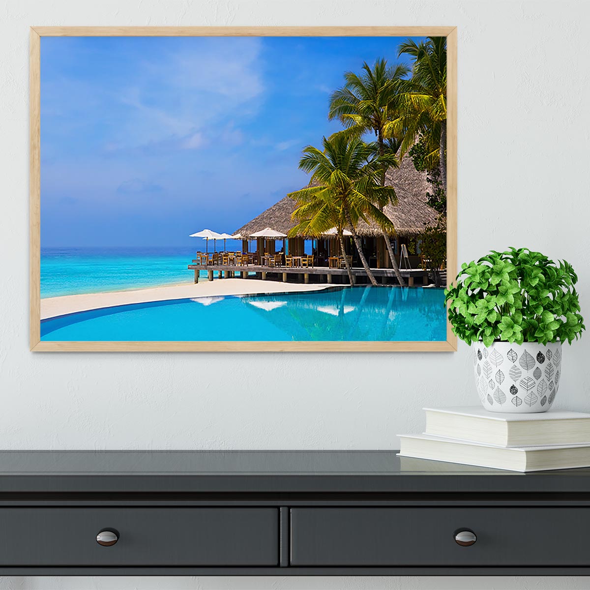 Cafe and pool on a tropical beach Framed Print - Canvas Art Rocks - 4