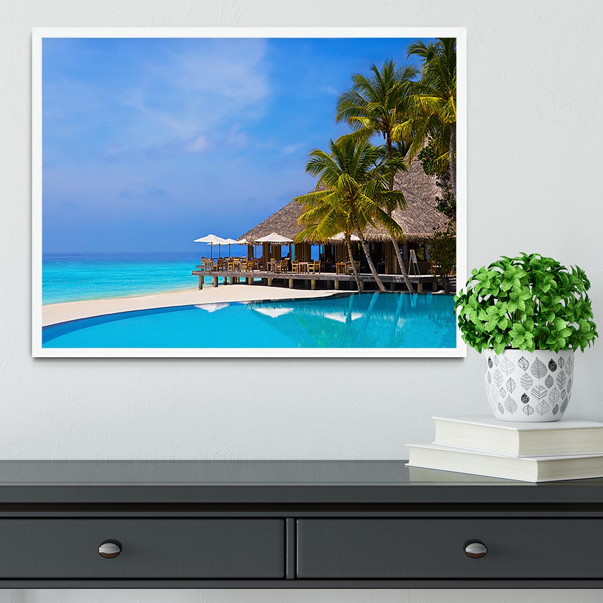 Cafe and pool on a tropical beach Framed Print - Canvas Art Rocks -6