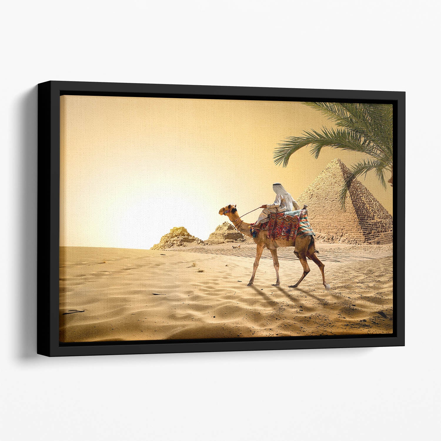 Camel near pyramids desert of Egypt Floating Framed Canvas
