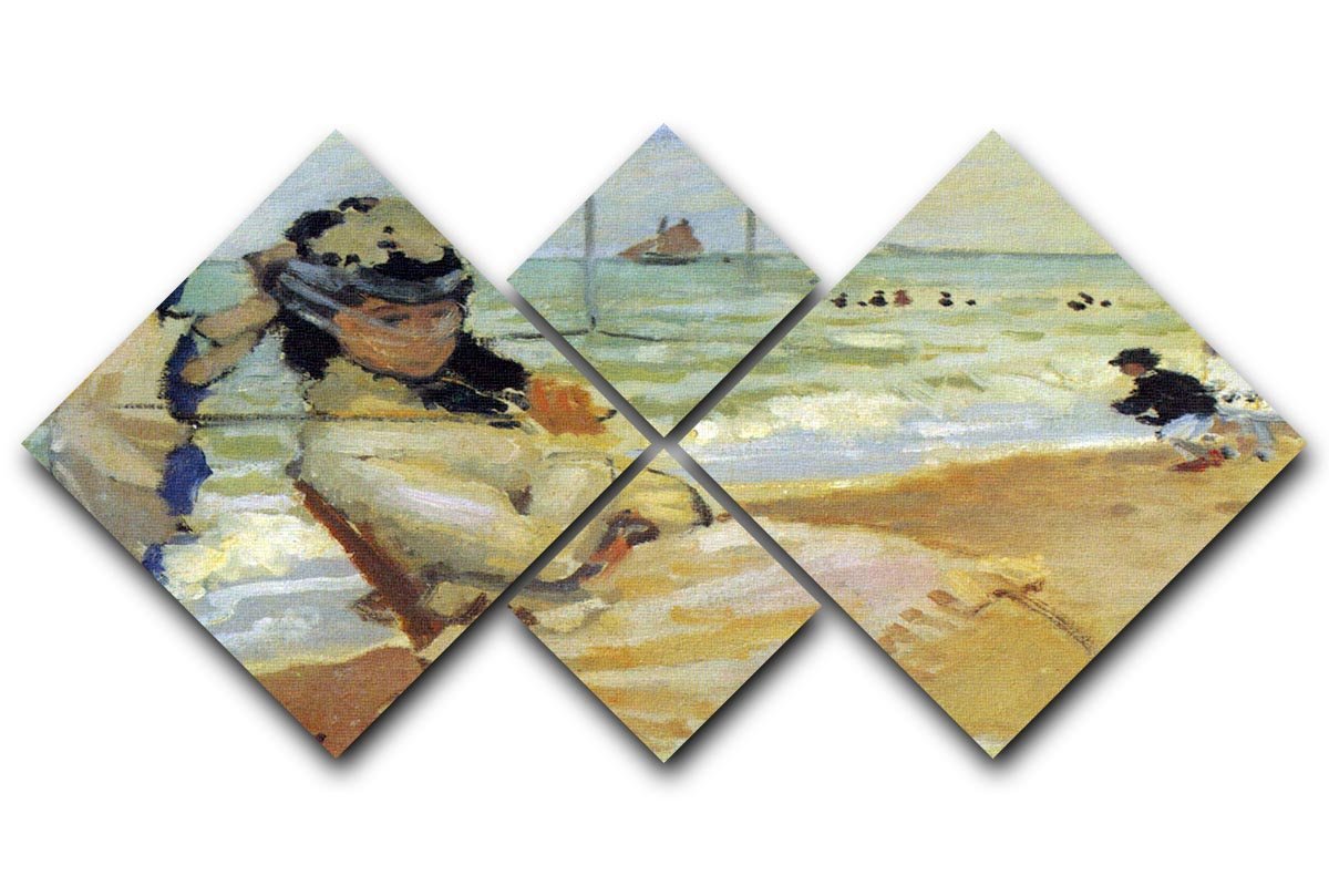 Camille on the beach at Trouville by Monet 4 Square Multi Panel Canvas  - Canvas Art Rocks - 1