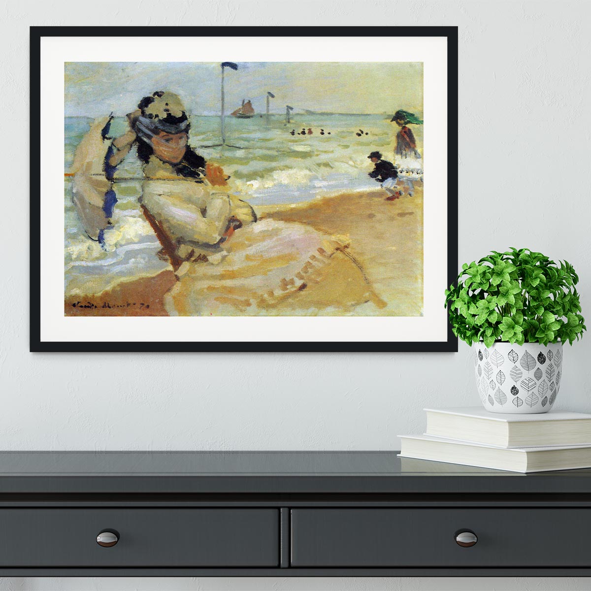 Camille on the beach at Trouville by Monet Framed Print - Canvas Art Rocks - 1