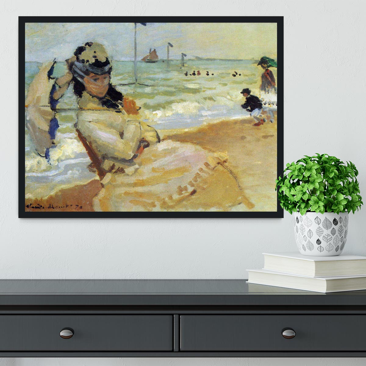 Camille on the beach at Trouville by Monet Framed Print - Canvas Art Rocks - 2