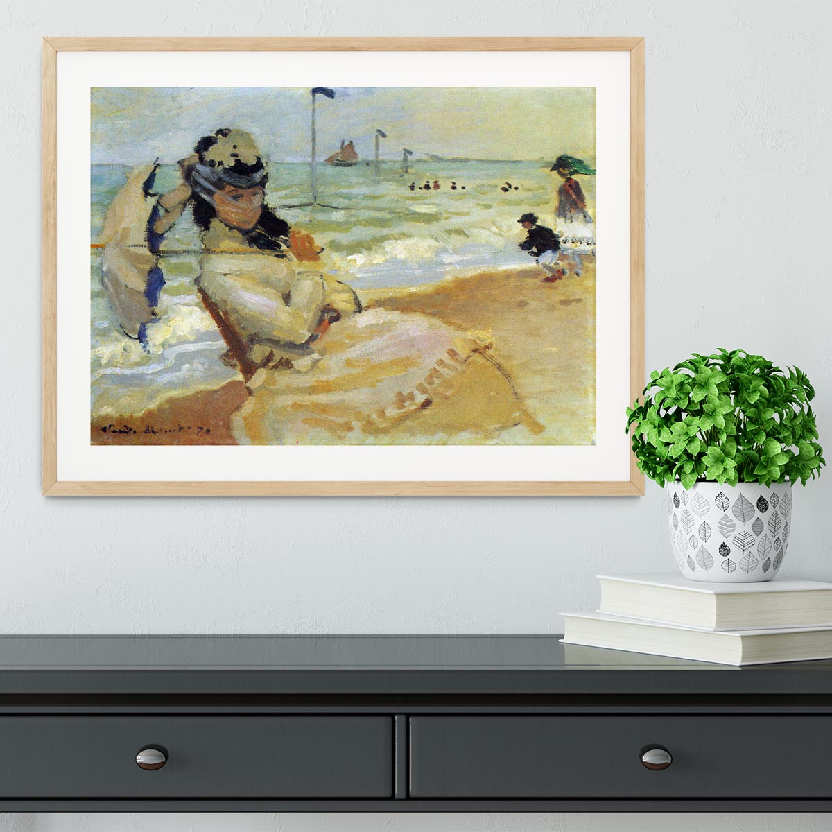 Camille on the beach at Trouville by Monet Framed Print - Canvas Art Rocks - 3