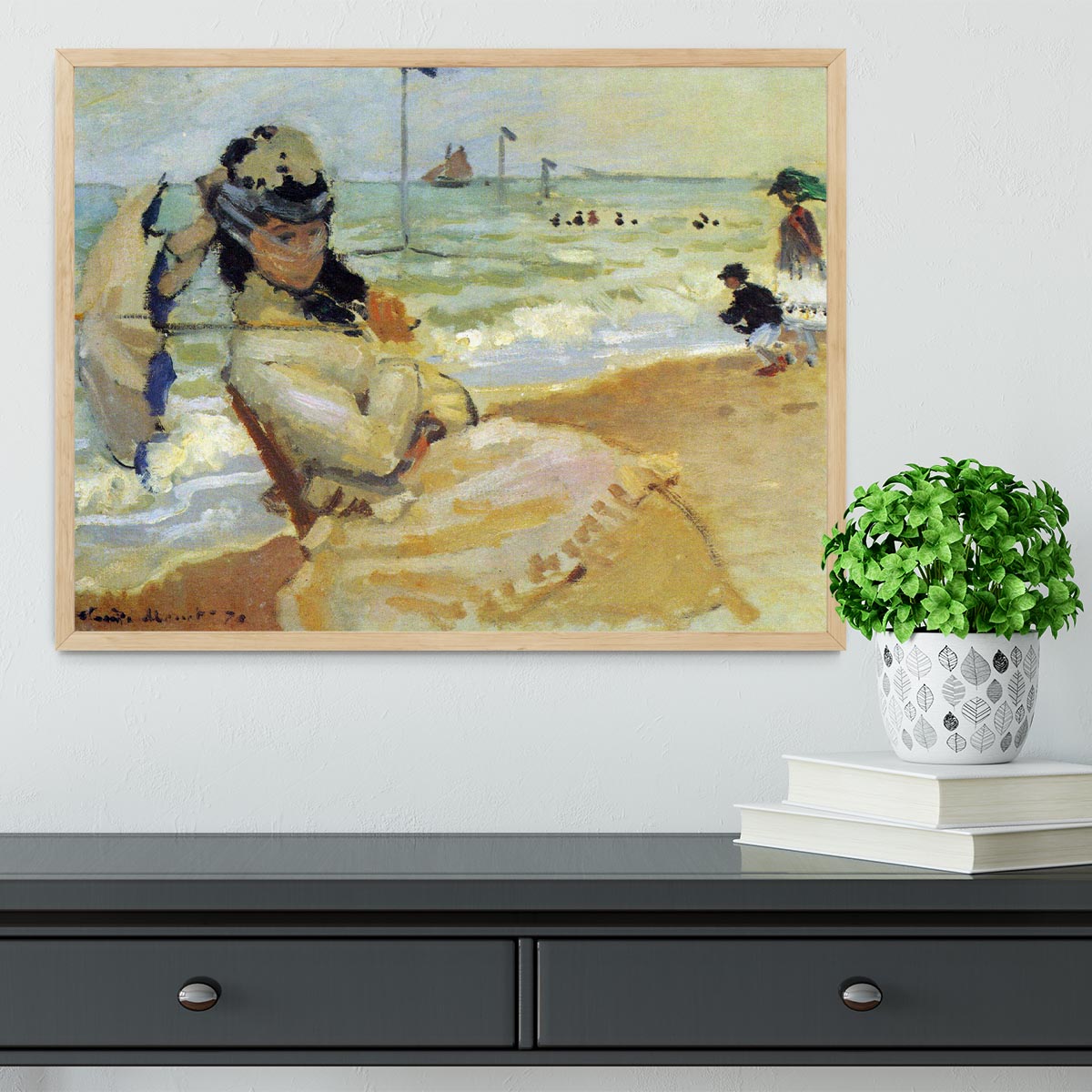 Camille on the beach at Trouville by Monet Framed Print - Canvas Art Rocks - 4
