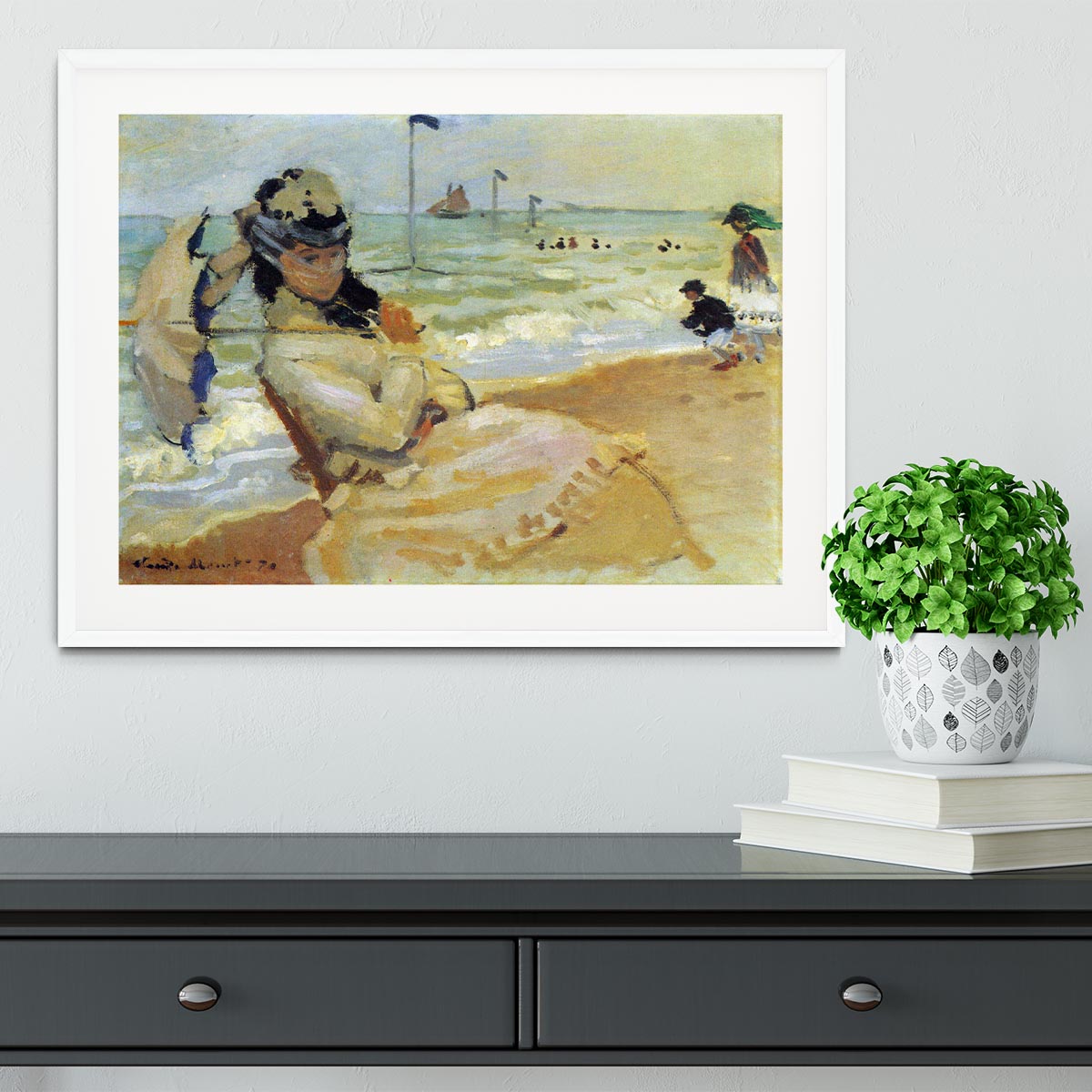 Camille on the beach at Trouville by Monet Framed Print - Canvas Art Rocks - 5