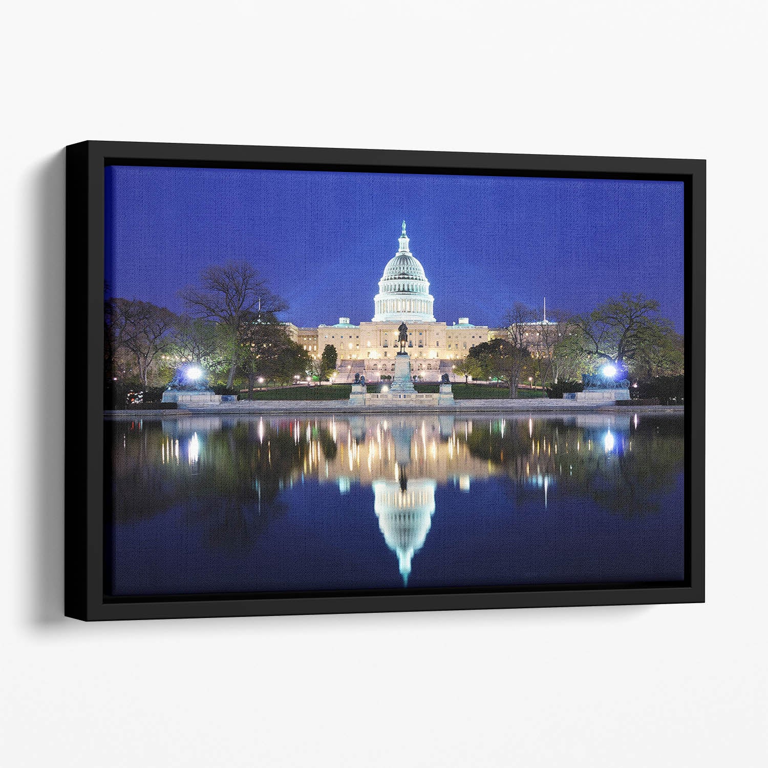 Capitol Hill Building at dusk with lake reflection Floating Framed Canvas