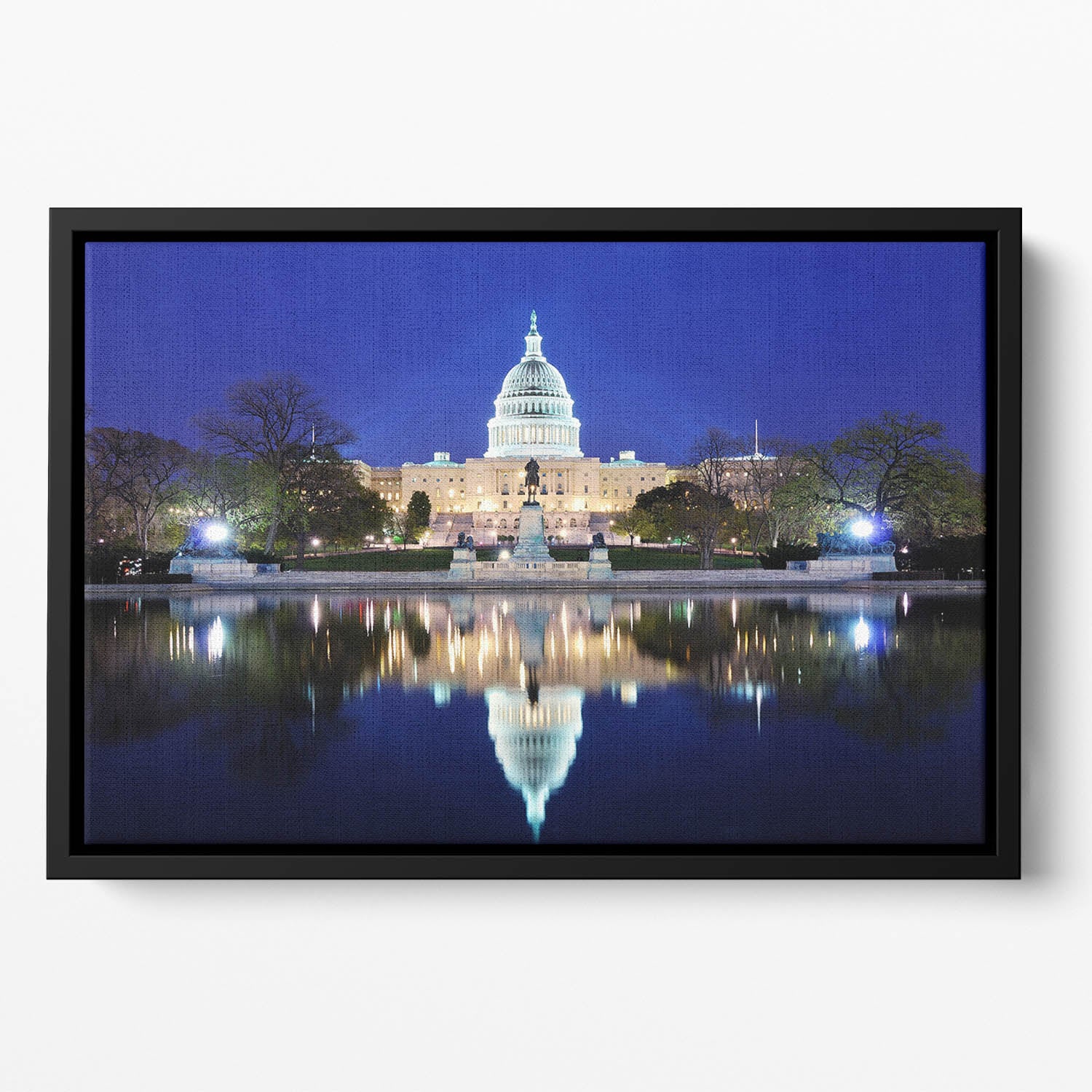 Capitol Hill Building at dusk with lake reflection Floating Framed Canvas