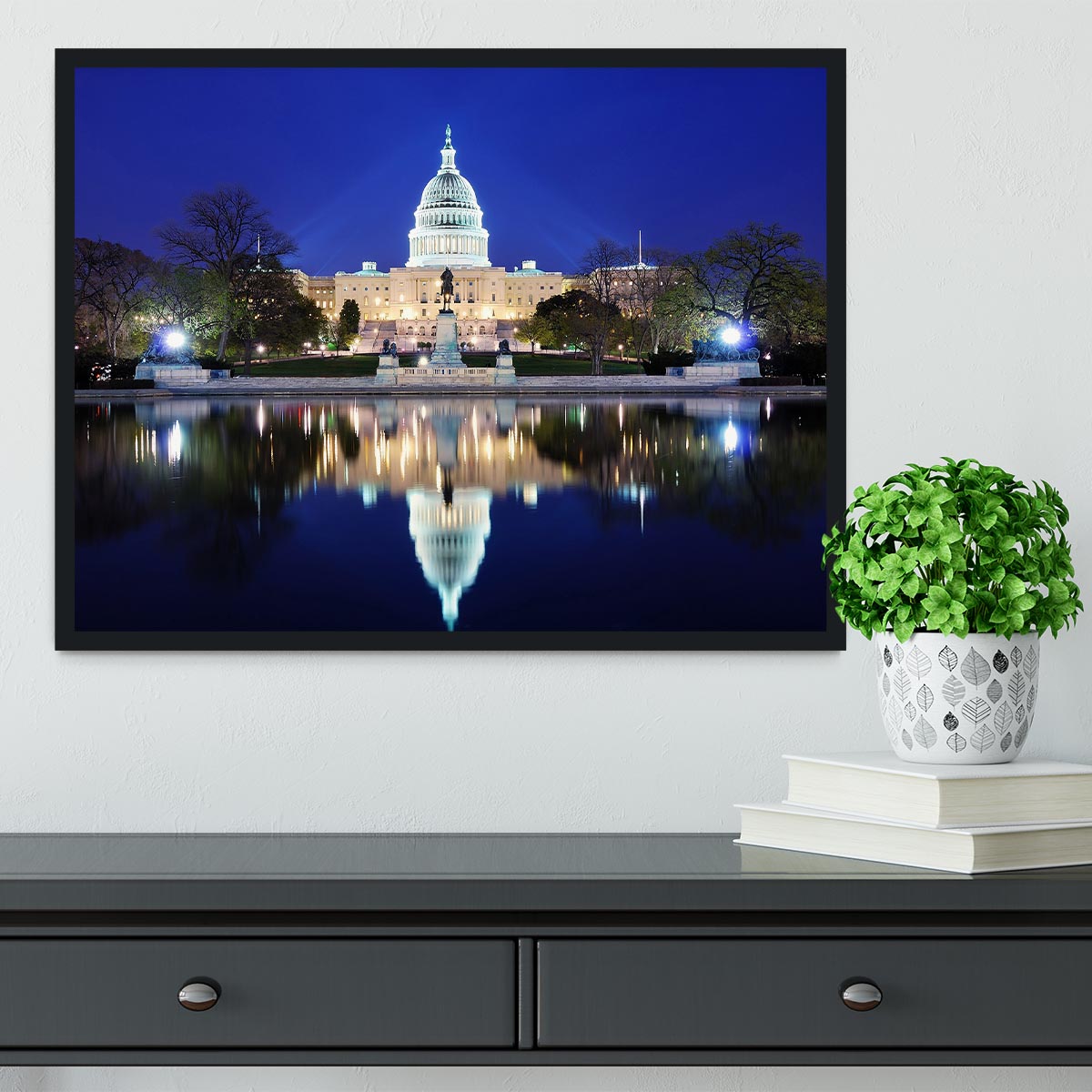 Capitol Hill Building at dusk with lake reflection Framed Print - Canvas Art Rocks - 2