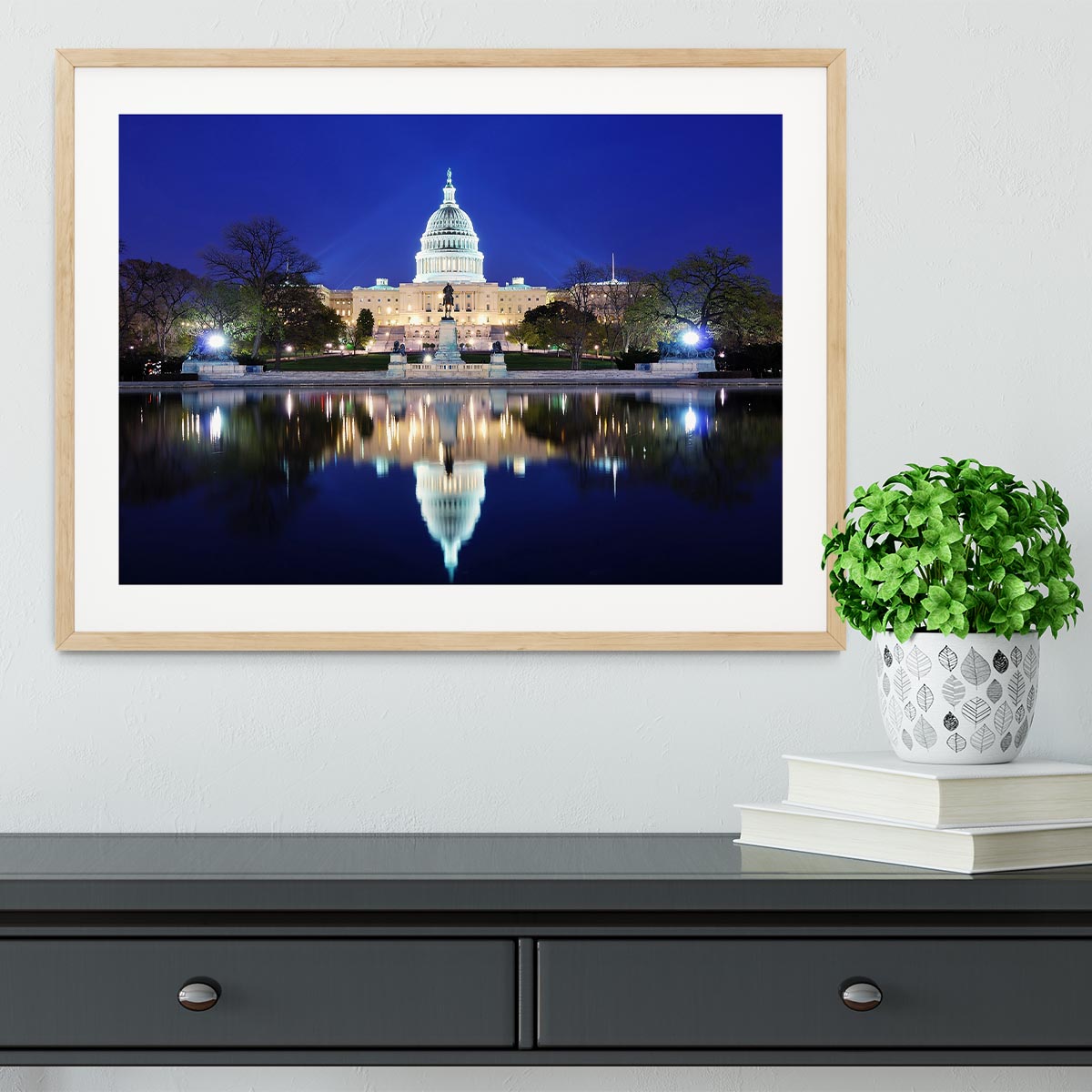 Capitol Hill Building at dusk with lake reflection Framed Print - Canvas Art Rocks - 3