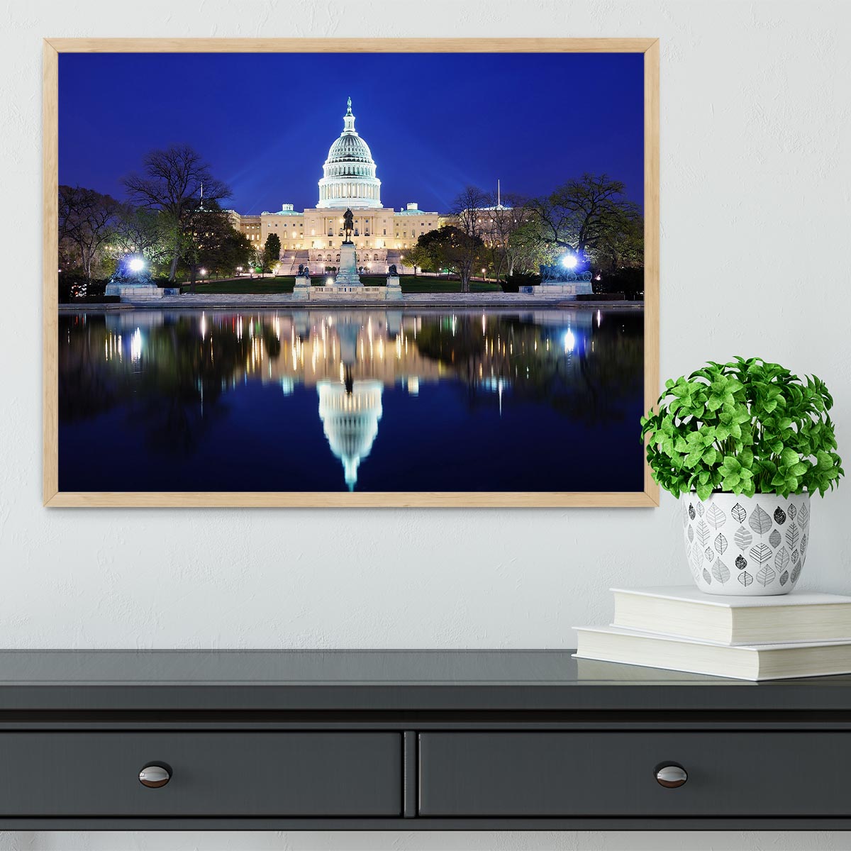 Capitol Hill Building at dusk with lake reflection Framed Print - Canvas Art Rocks - 4