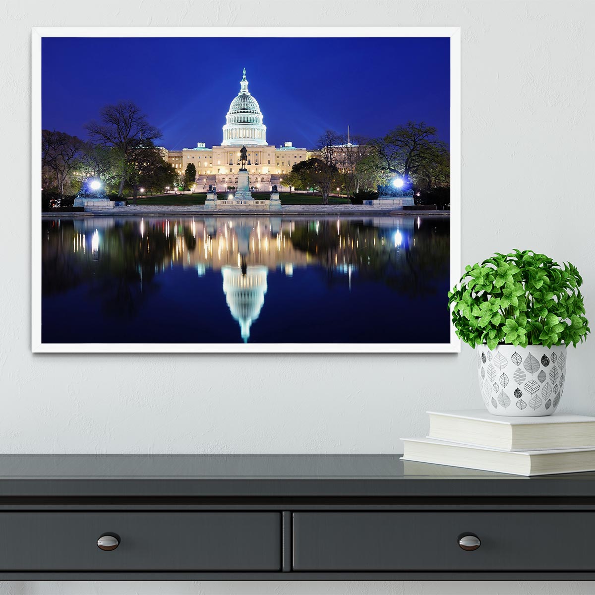 Capitol Hill Building at dusk with lake reflection Framed Print - Canvas Art Rocks -6