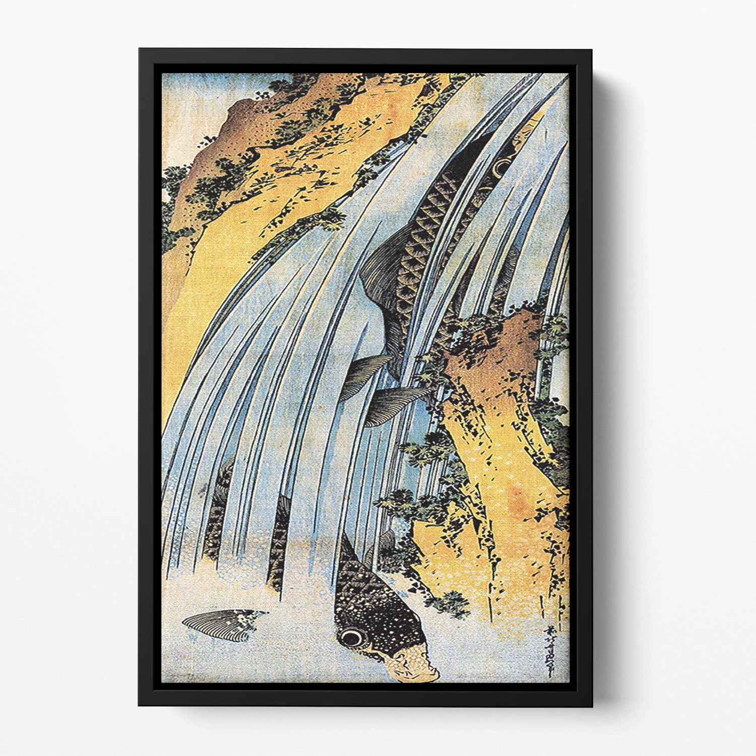 Carps ascending waterfall by Hokusai Floating Framed Canvas