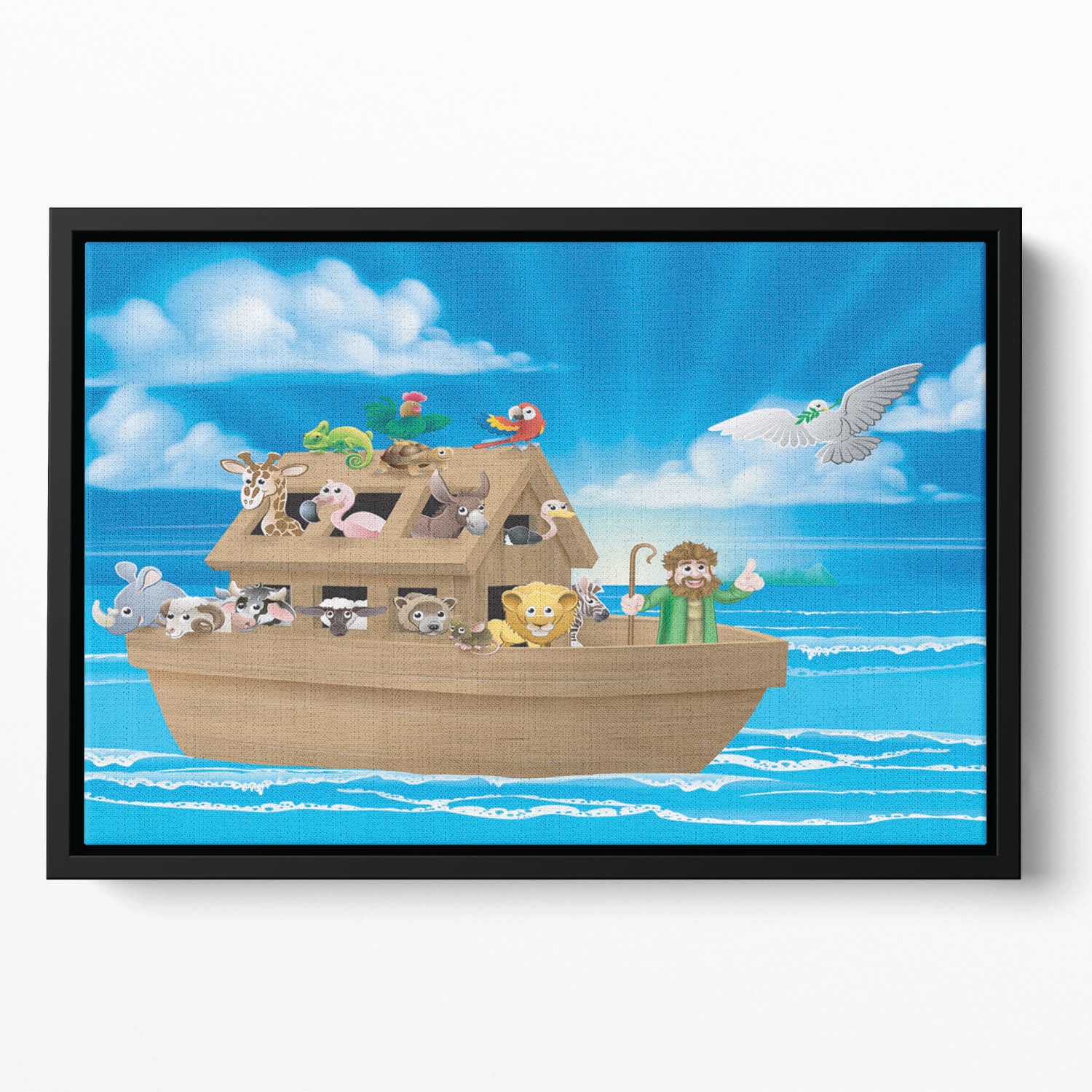 Cartoon childrens illustration of the Christian Bible story of Noah Floating Framed Canvas