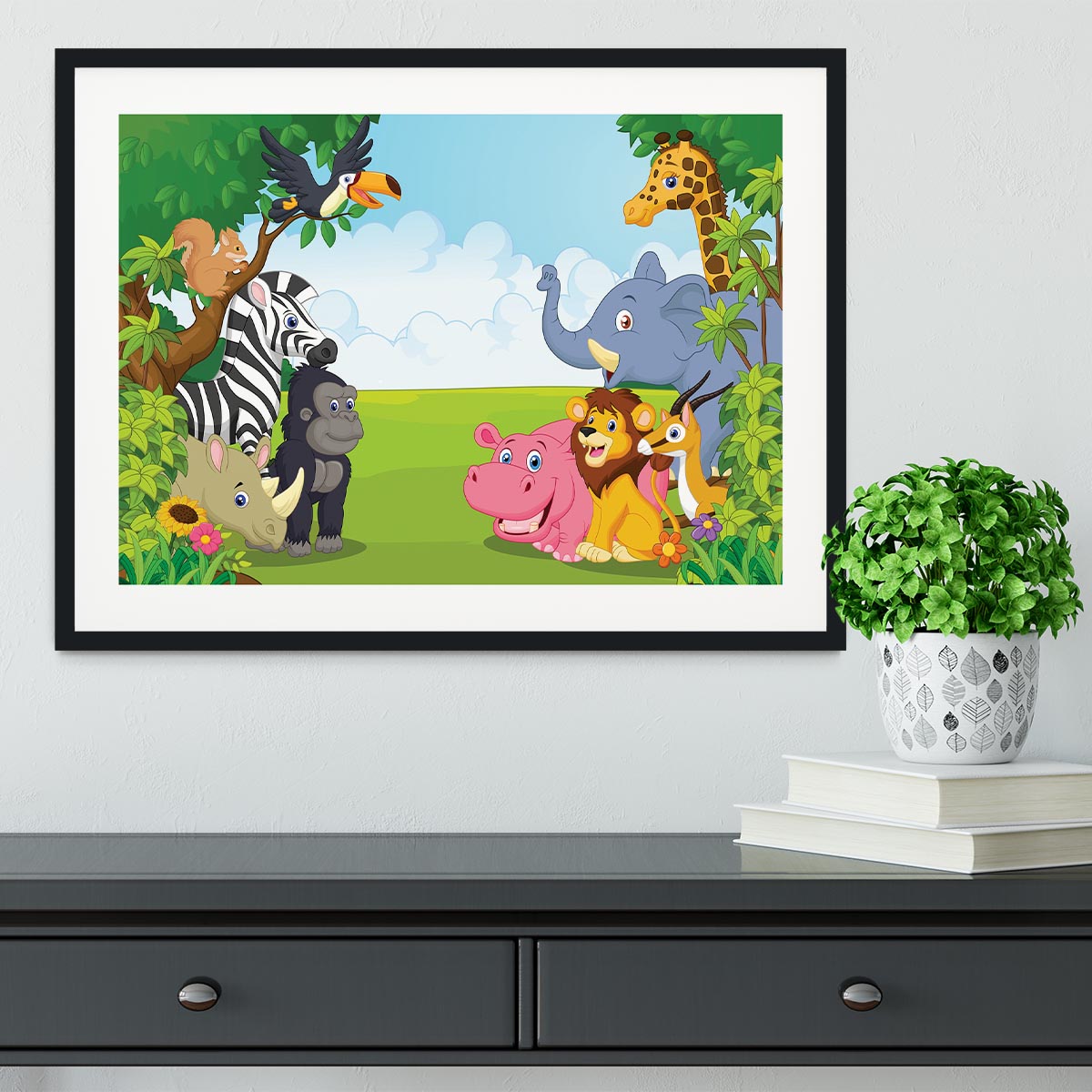Cartoon collection animal in the jungle Framed Print - Canvas Art Rocks - 1