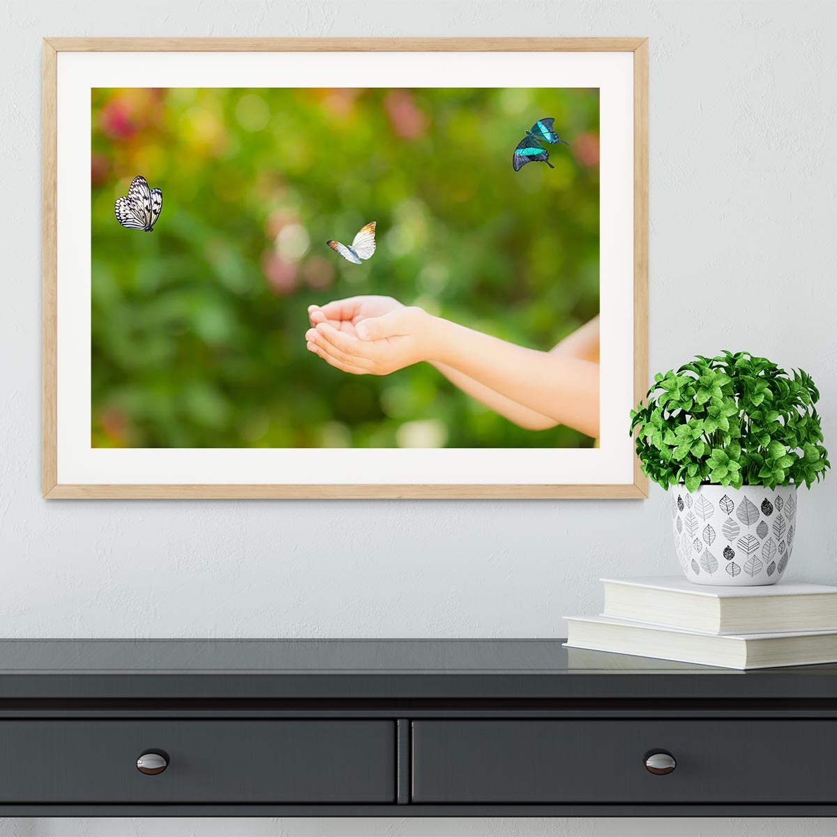 Children hands and flying butterfly Framed Print - Canvas Art Rocks - 3