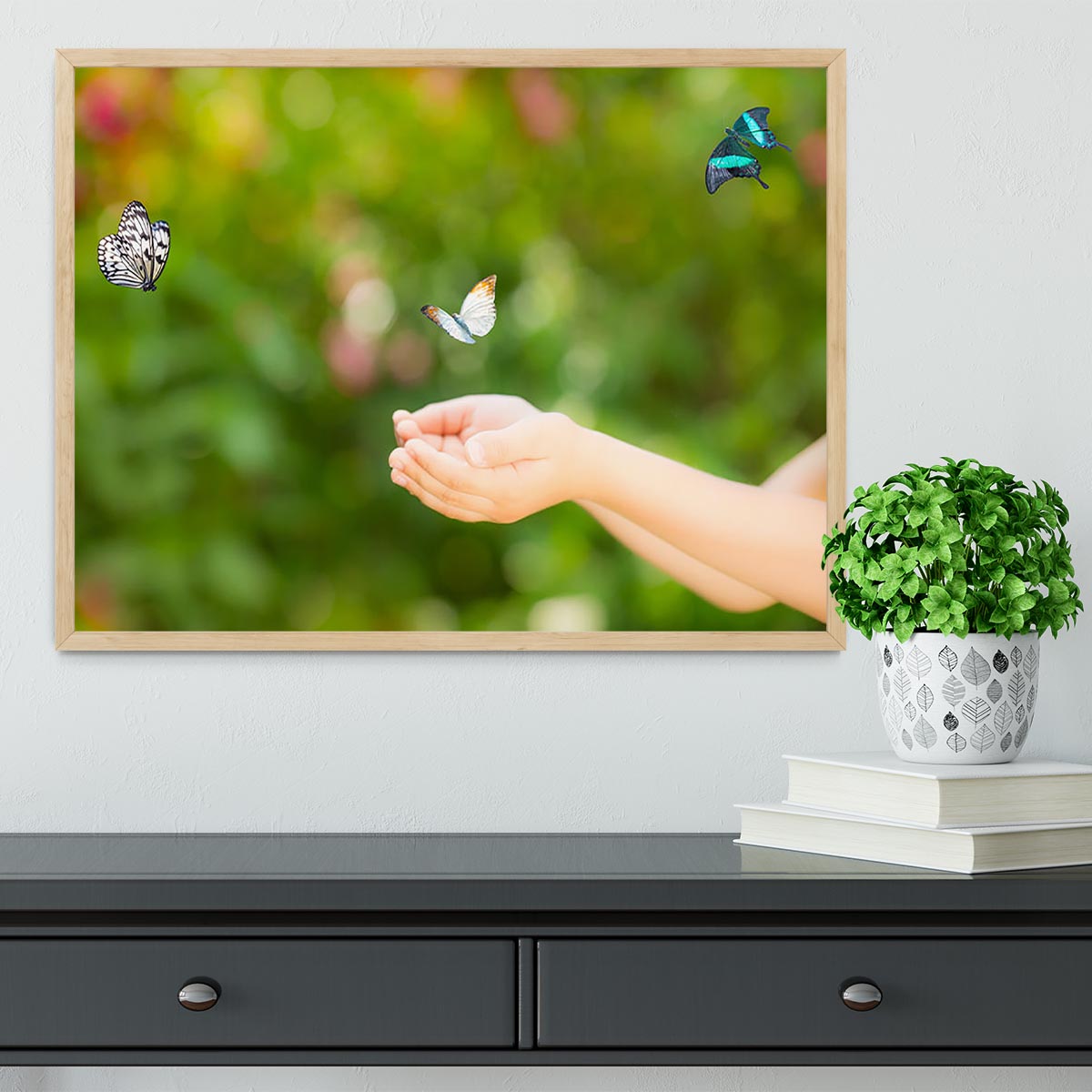 Children hands and flying butterfly Framed Print - Canvas Art Rocks - 4