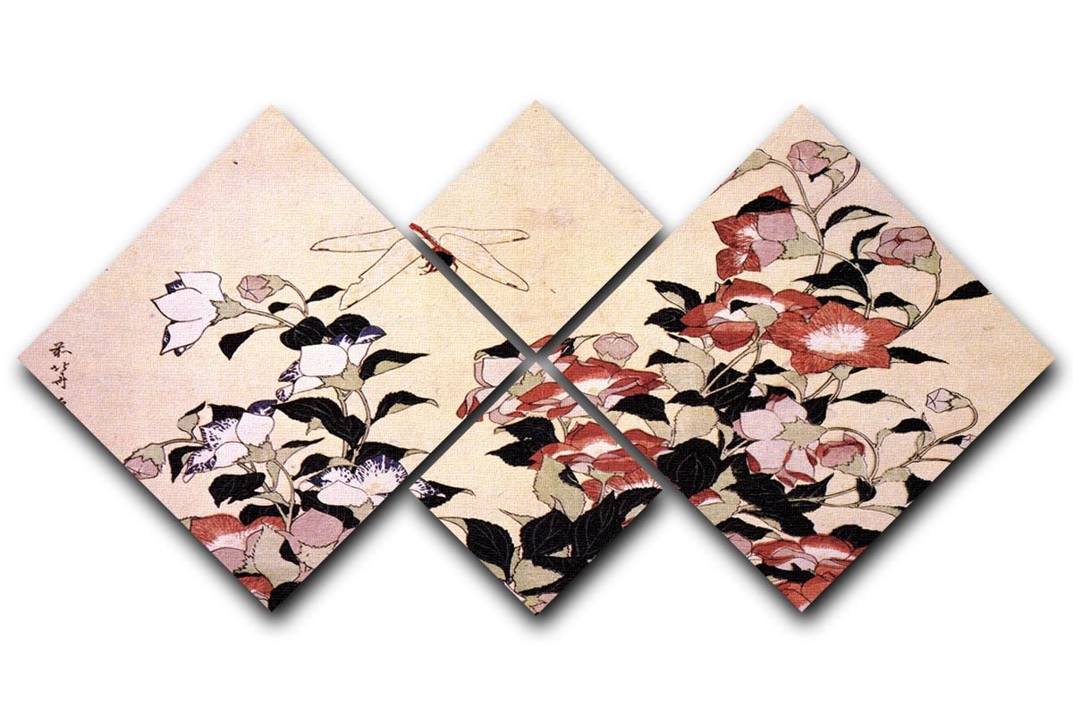 Chinese bell flower and dragon-fly by Hokusai 4 Square Multi Panel Canvas  - Canvas Art Rocks - 1