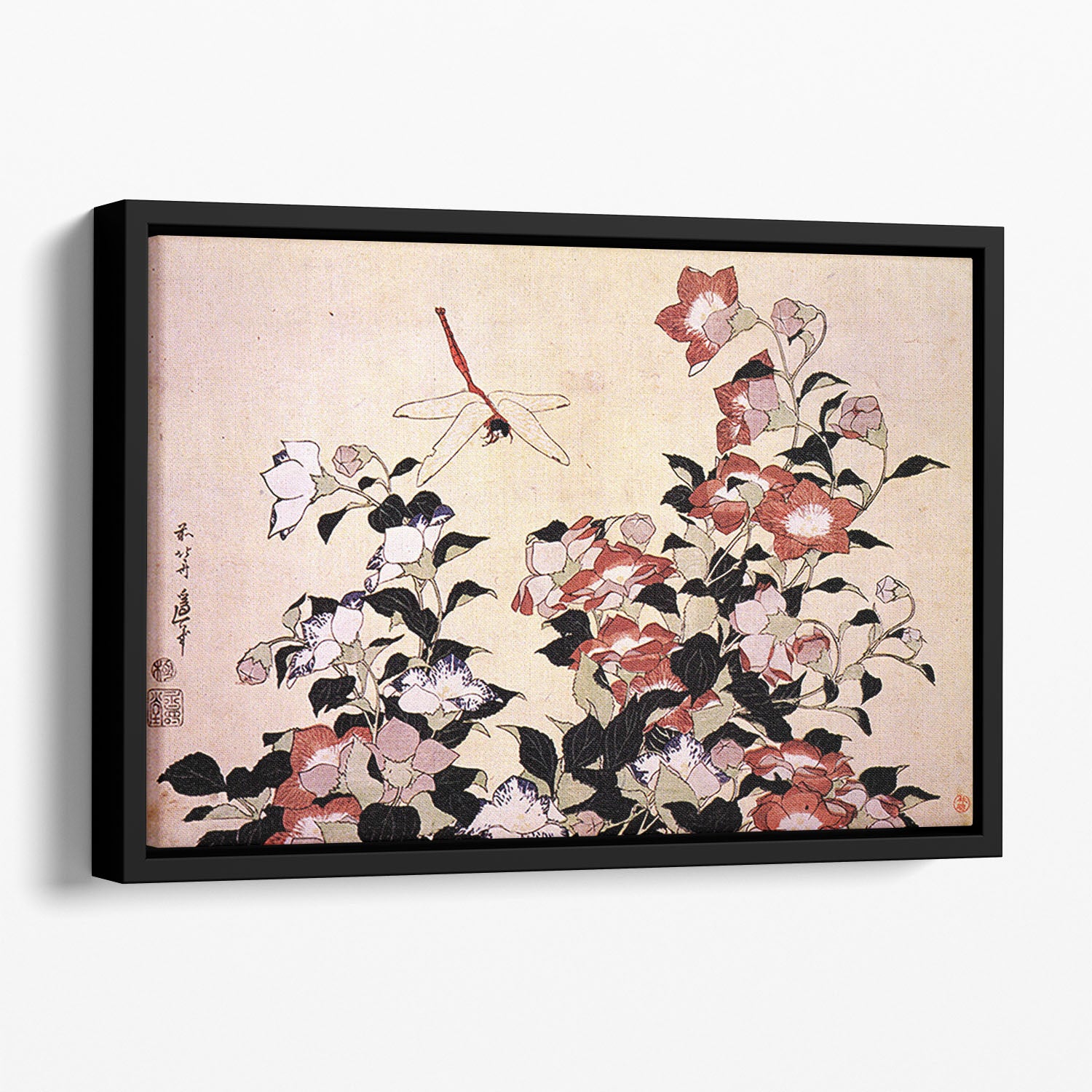Chinese bell flower and dragon-fly by Hokusai Floating Framed Canvas