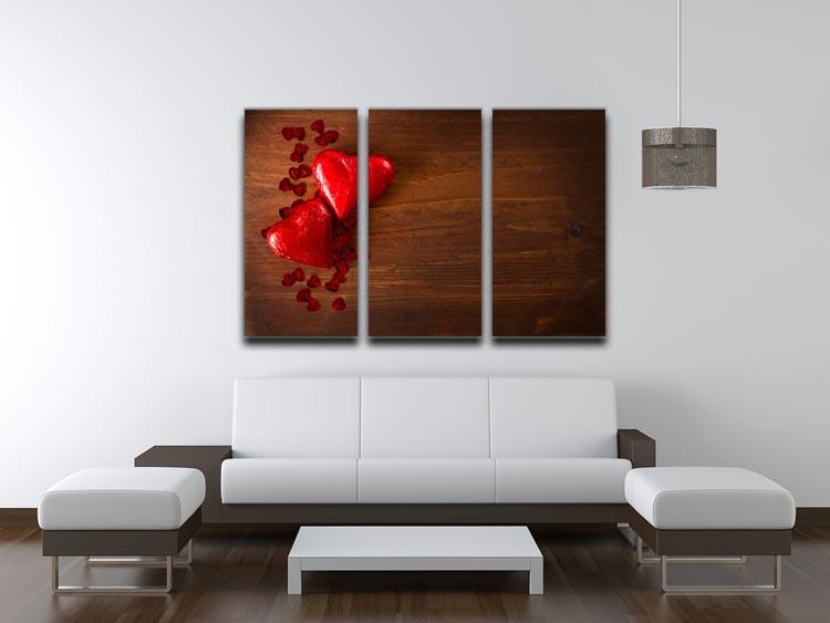 Chocolate hearts on wooden board 3 Split Panel Canvas Print - Canvas Art Rocks - 3