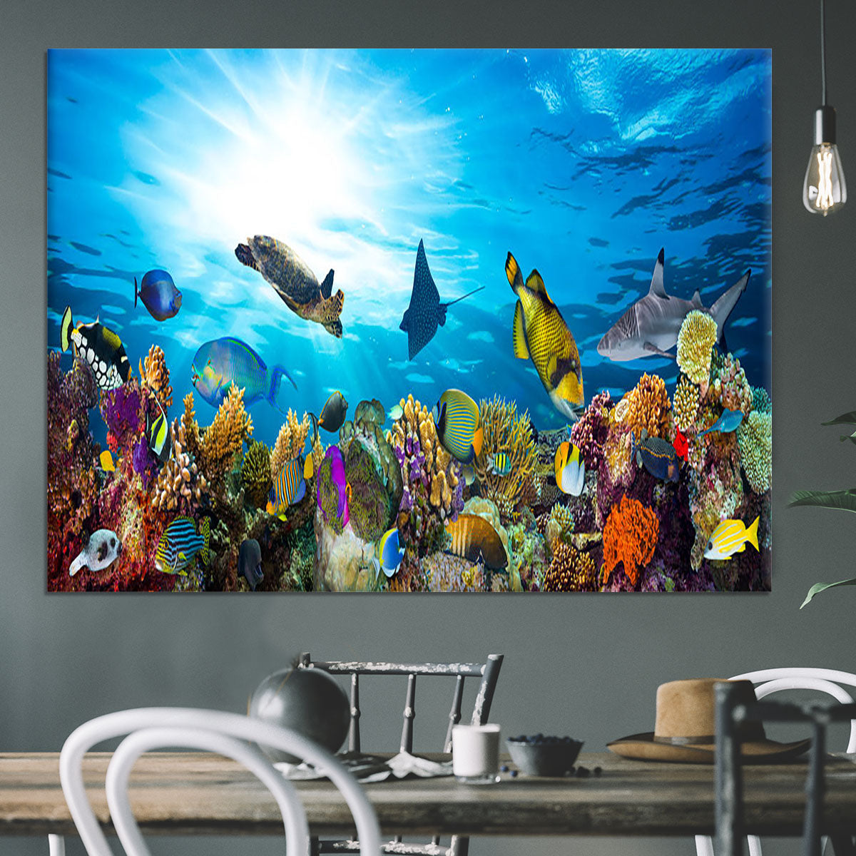 Colorful coral reef with many fishes and sea turtle Canvas Print or Poster - Canvas Art Rocks - 3