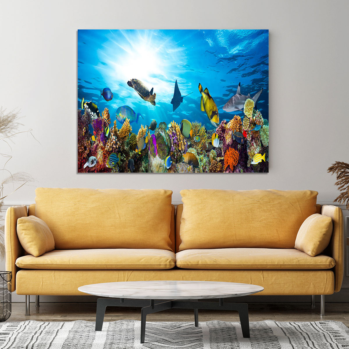 Colorful coral reef with many fishes and sea turtle Canvas Print or Poster - Canvas Art Rocks - 4