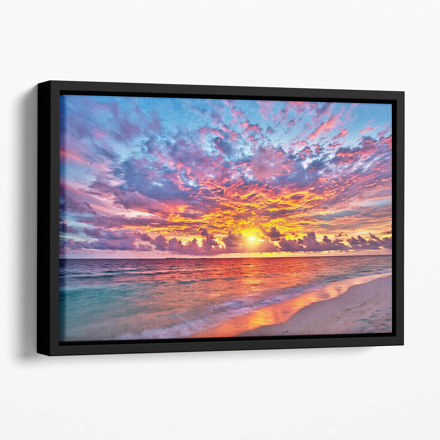 Colorful sunset over ocean on Maldives Floating Framed Canvas