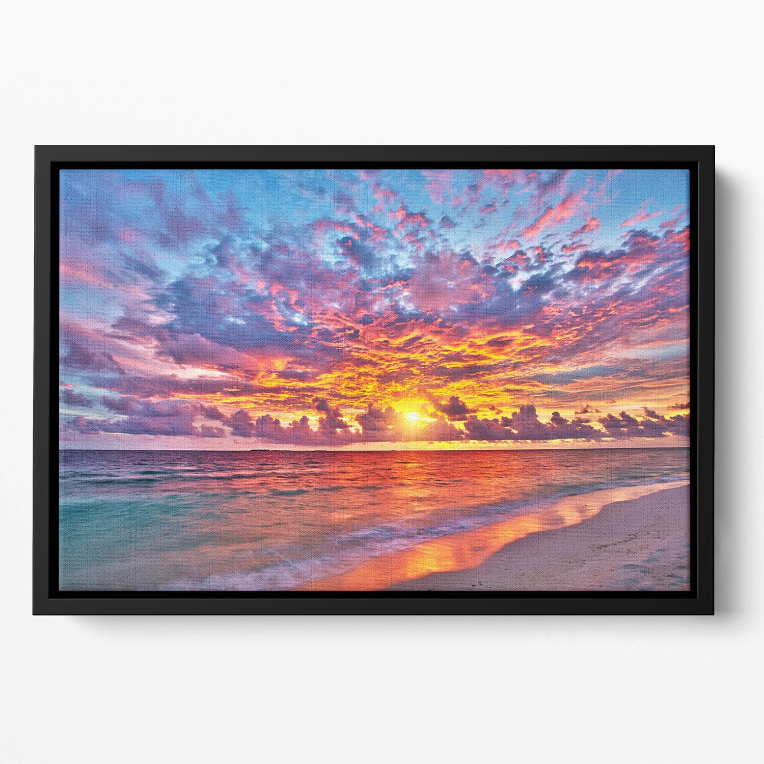 Colorful sunset over ocean on Maldives Floating Framed Canvas