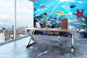 Colourful fish and marine vegetation undersea with sunray Wall Mural Wallpaper - Canvas Art Rocks - 3