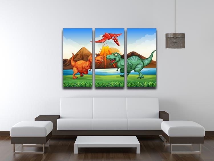 Dinosaurs fighting 3 Split Panel Canvas Print - Canvas Art Rocks - 3