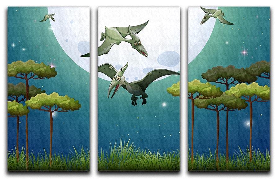Dinosaurs flying on fullmoon 3 Split Panel Canvas Print - Canvas Art Rocks - 1