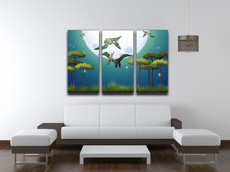 Dinosaurs flying on fullmoon 3 Split Panel Canvas Print - Canvas Art Rocks - 3