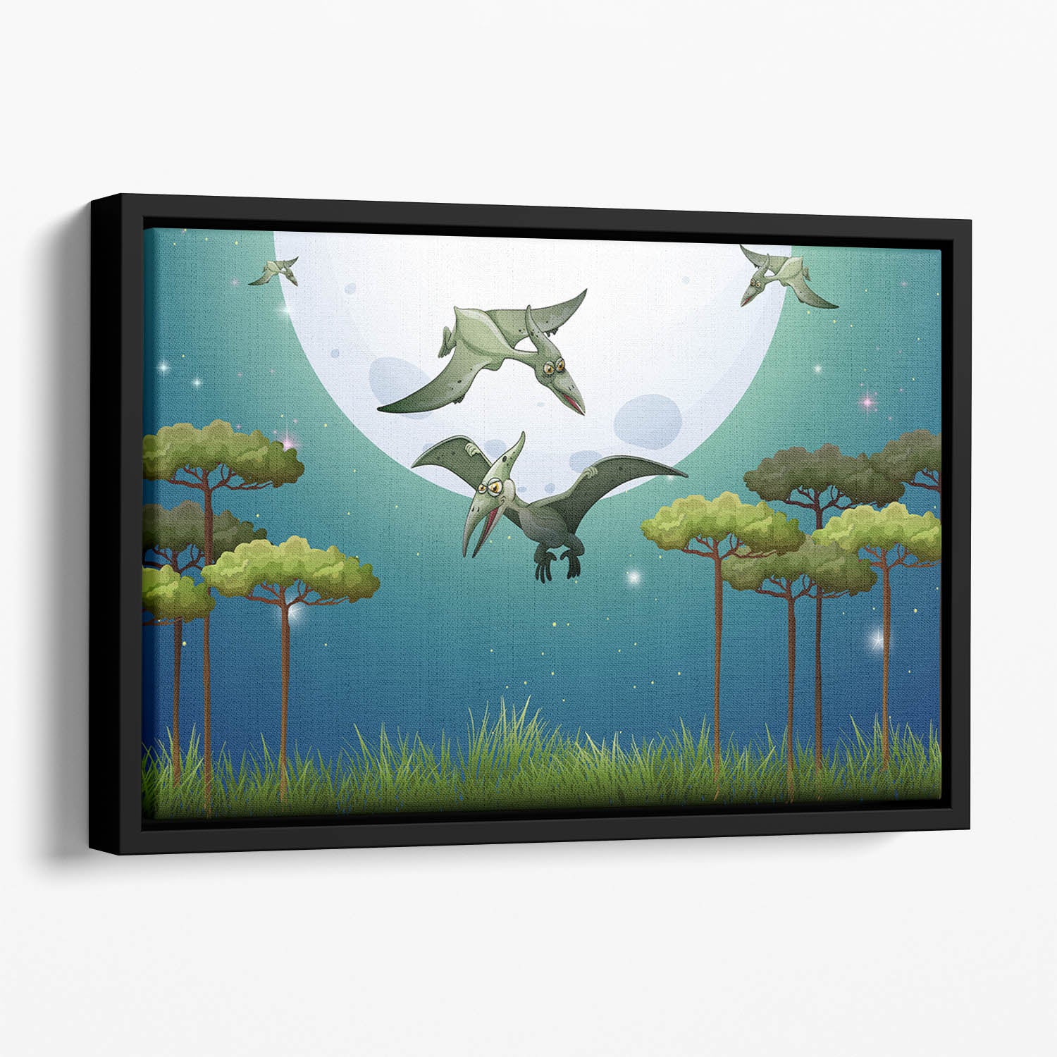Dinosaurs flying on fullmoon Floating Framed Canvas