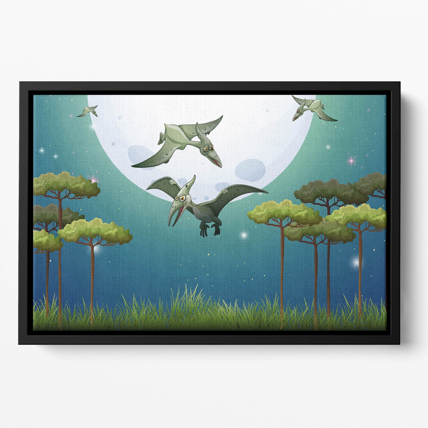 Dinosaurs flying on fullmoon Floating Framed Canvas