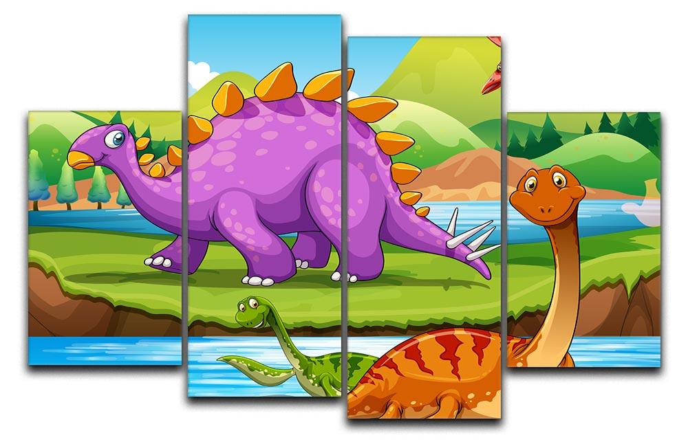Dinosaurs living by the river 4 Split Panel Canvas  - Canvas Art Rocks - 1