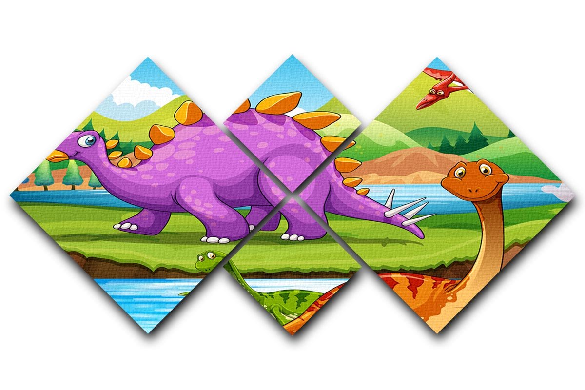 Dinosaurs living by the river 4 Square Multi Panel Canvas  - Canvas Art Rocks - 1
