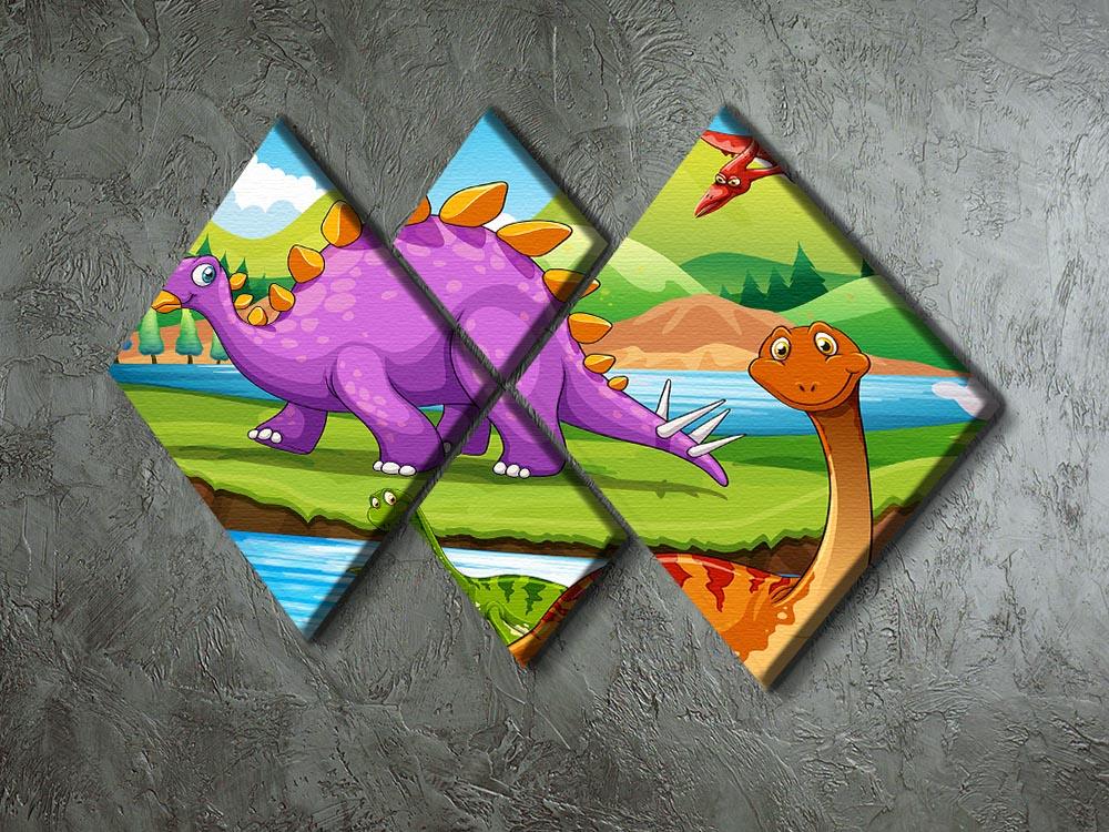 Dinosaurs living by the river 4 Square Multi Panel Canvas - Canvas Art Rocks - 2