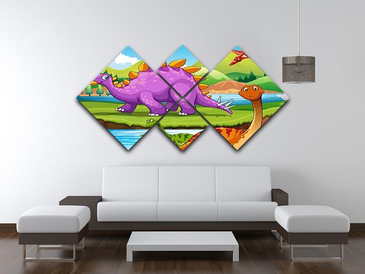Dinosaurs living by the river 4 Square Multi Panel Canvas - Canvas Art Rocks - 3